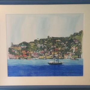 Vintage Framed Watercolor of Granada, Spain Signed 1980’s Coastal Seaside *Rare*